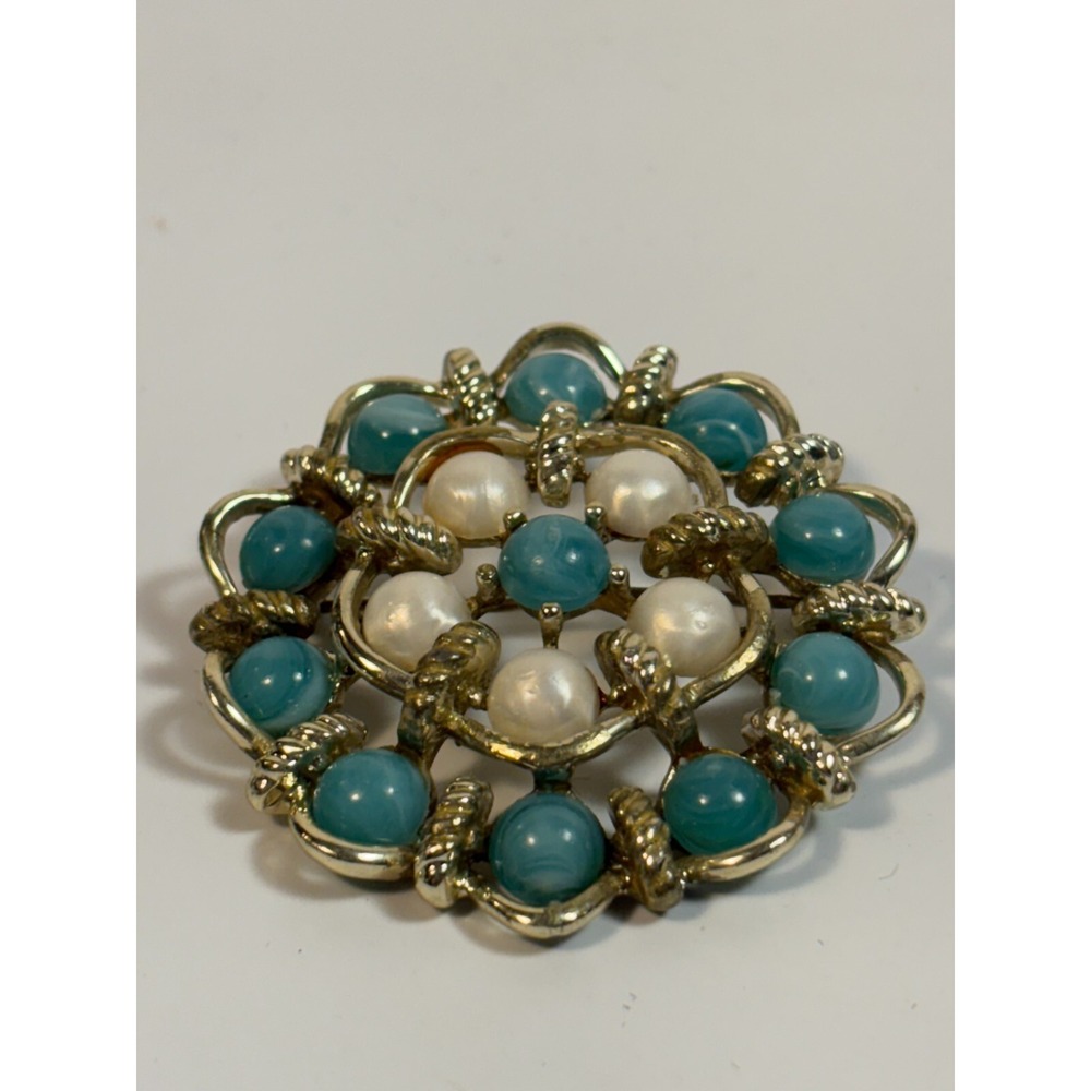 Vintage‎ Brooch Pin with Pearl Silver Tone Metal Blue Bead AS IS